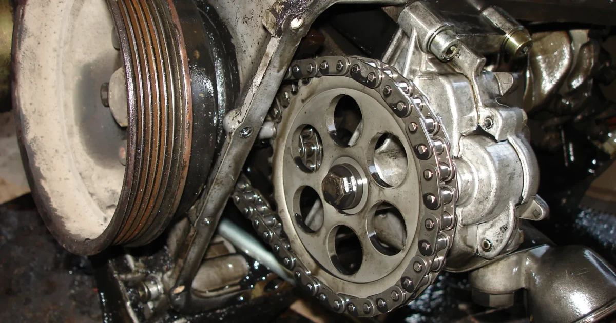 Close view of the oil pump of a diesel engine, next to a toothed sprocket and its chain