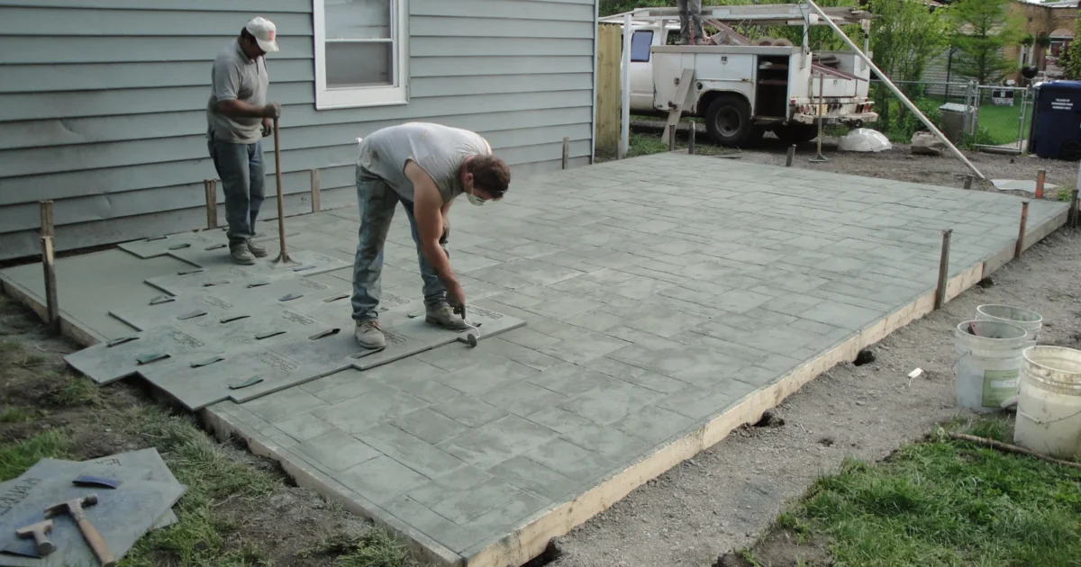 Workers pressing stamp mats into fresh concrete beside a house to create a patterned patio.