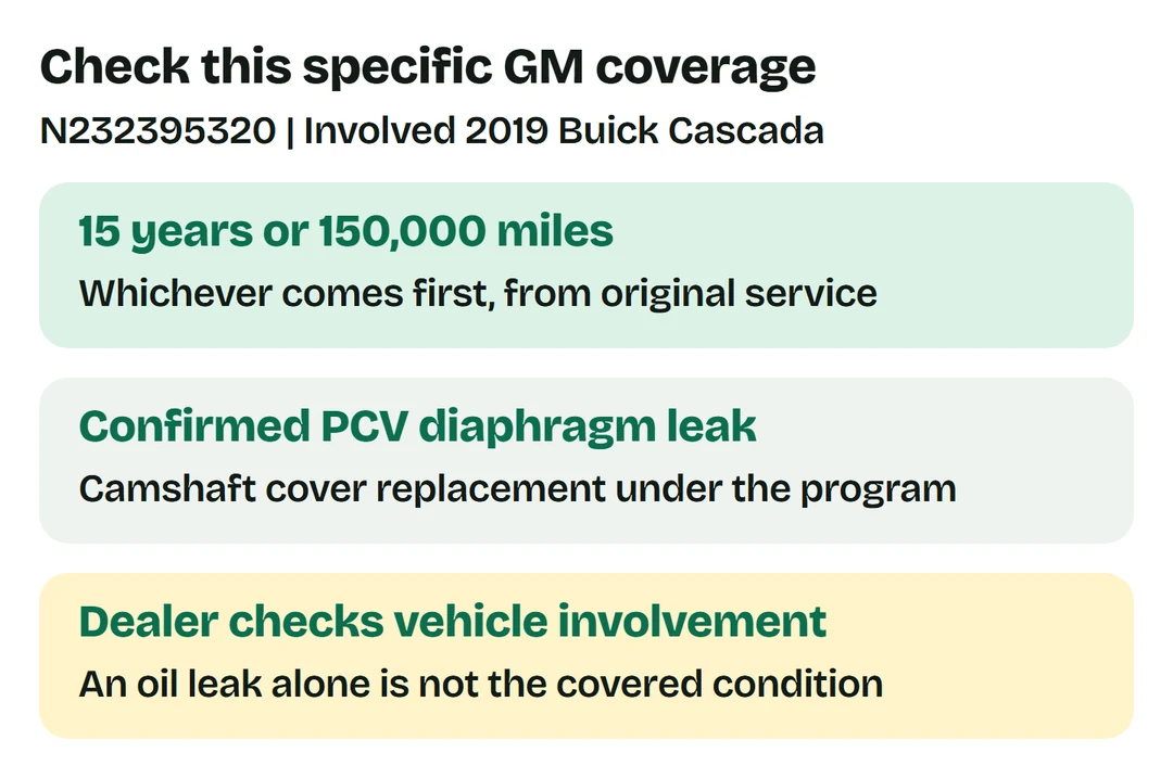 GM N232395320: involved 2019 Cascada PCV diaphragm leak, 15 years or 150,000 miles from original service, whichever first. Dealer confirms involvement; oil leak alone excluded.