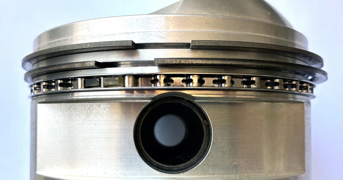 Close view of the ring grooves and oil control ring around a metal V8 racing piston.