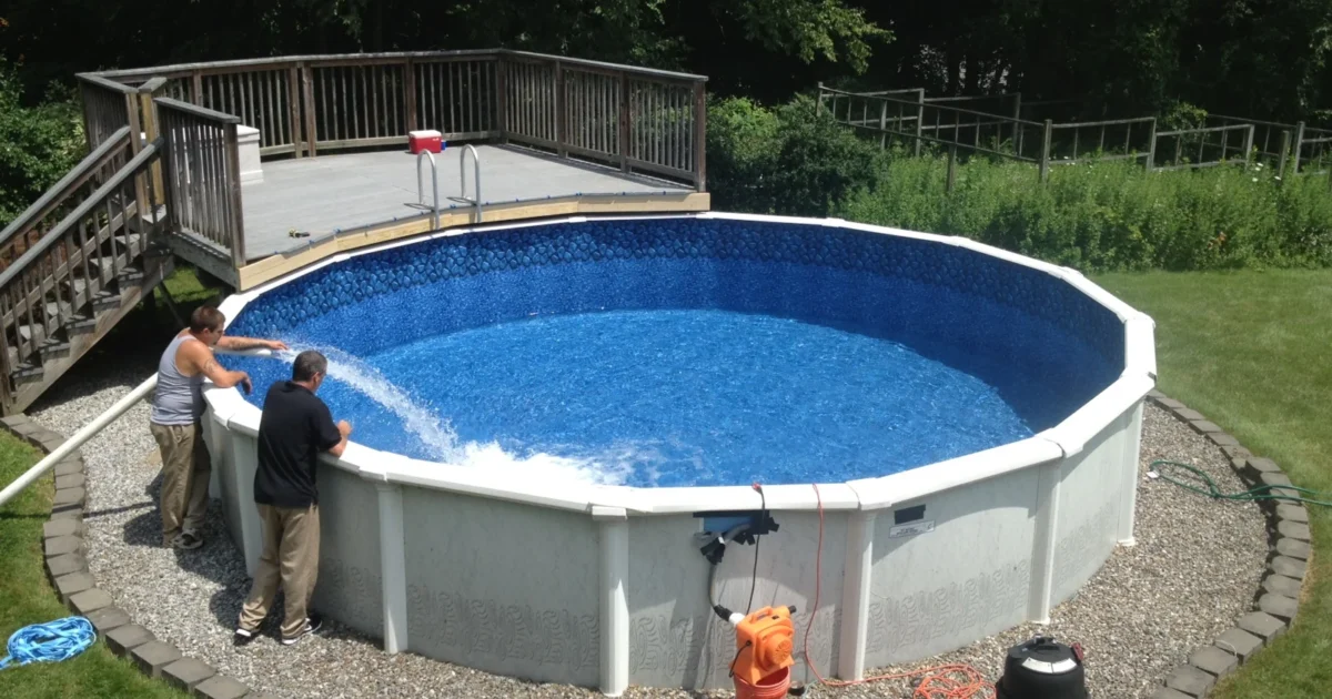 People filling an above-ground pool with a blue liner.