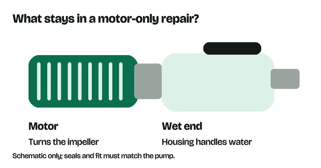 Pump motor on the left and water-carrying wet end on the right.