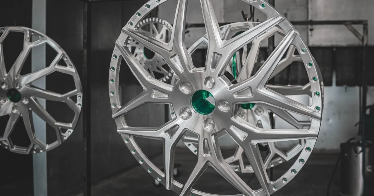Two silver alloy wheel faces with green centers hanging from a rack in a dark workshop after powder coating