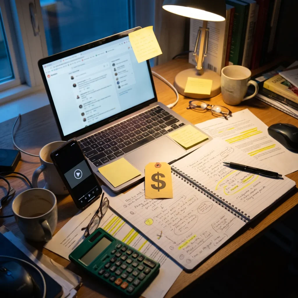 A desk covered in notes, highlighted price lists and a laptop open on a forum thread, after hours of price research