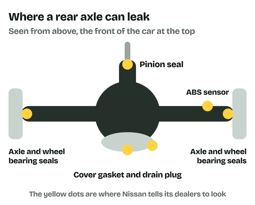 A drawing of a solid rear axle seen from above with yellow dots where it can leak: the pinion seal at the front of the differential, the axle and wheel bearing seals at both ends, an ABS sensor, and the cover gasket and drain plug at the back
