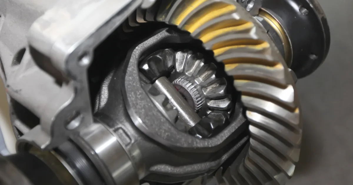 A rear differential cut open, showing the large curved ring gear and the small gears inside its case