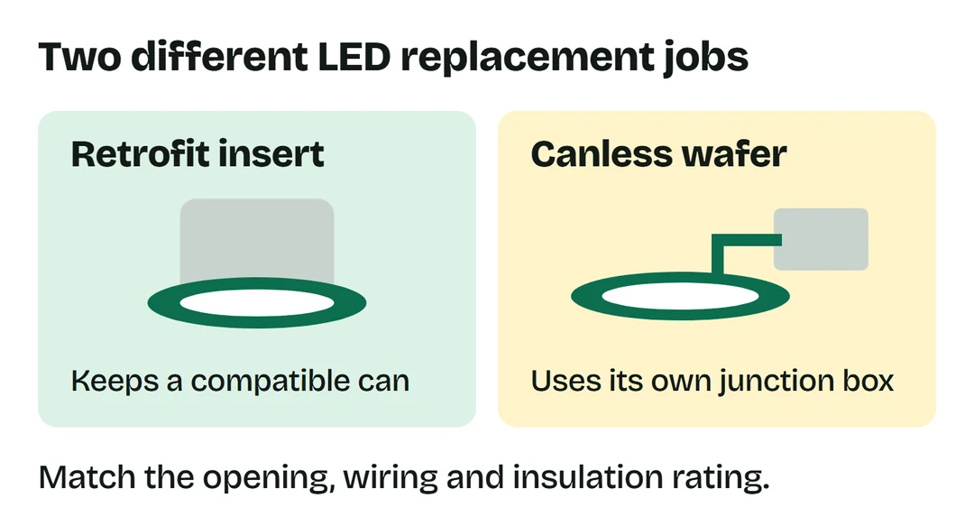 A retrofit insert keeps a compatible can; a canless wafer has its own junction box. Match the opening, wiring and insulation rating.