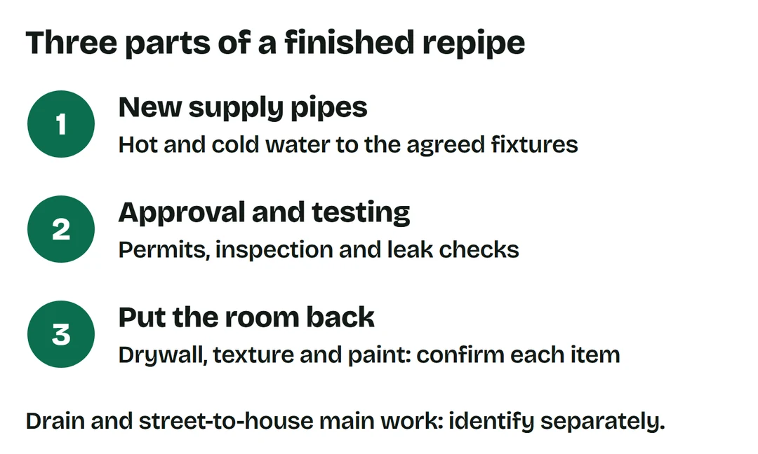 A finished repipe includes an agreed supply fixture list, permits and testing, and clearly assigned wall finishing. Identify drains and the street-to-house main separately.