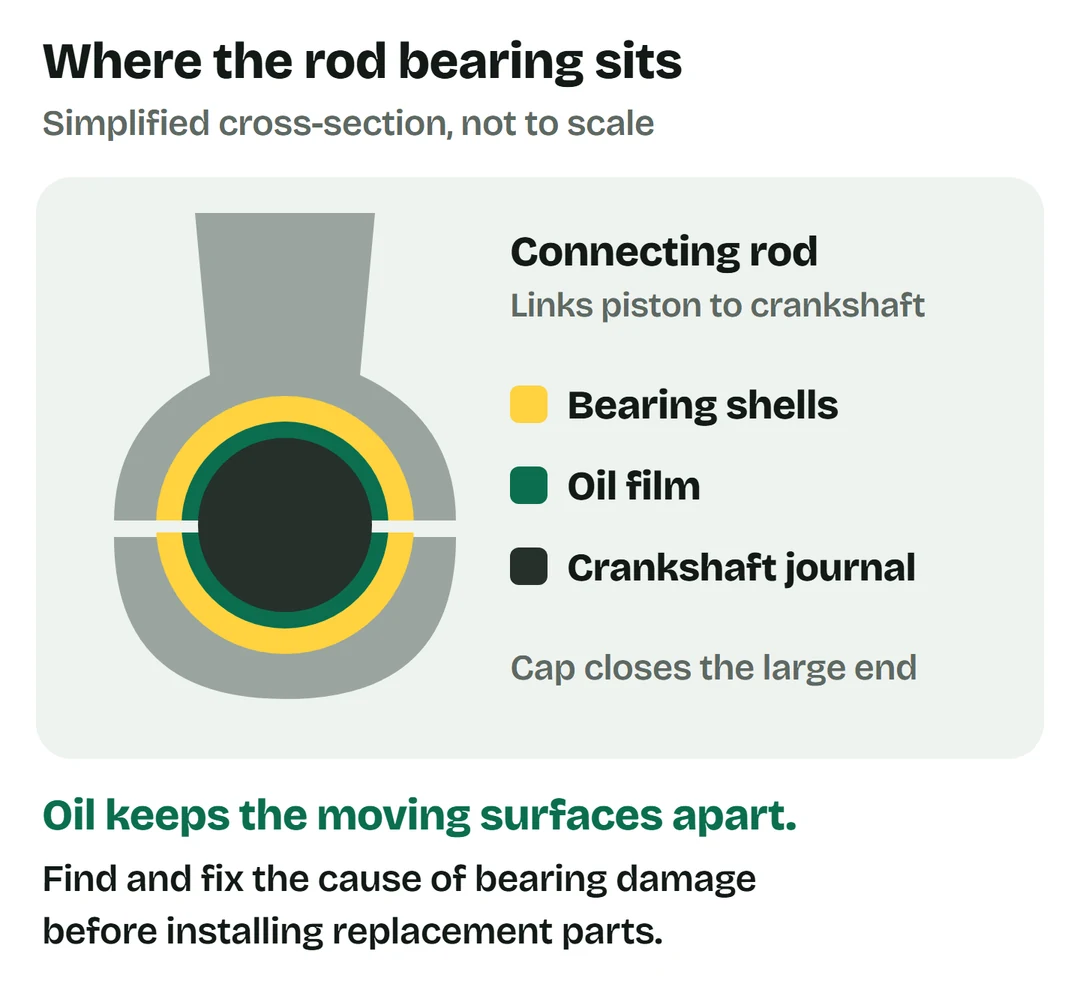 Simplified cross-section of a connecting rod large end. Two bearing shells surround the crankshaft journal, with an exaggerated oil film between them.