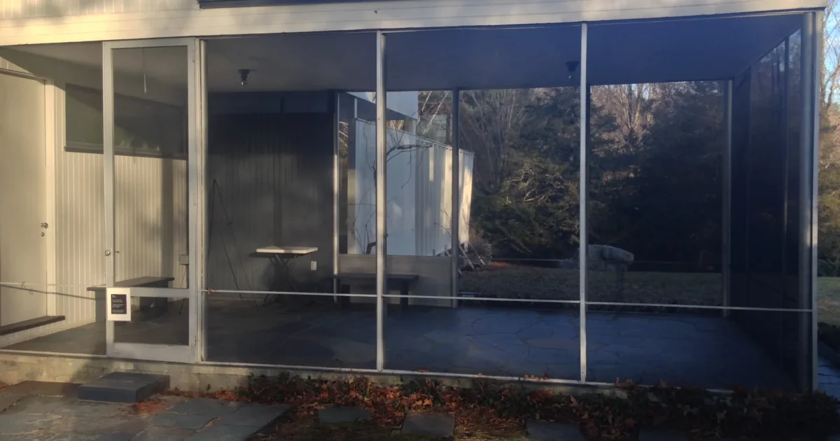 An exterior view of the screened porch at Gropius House.