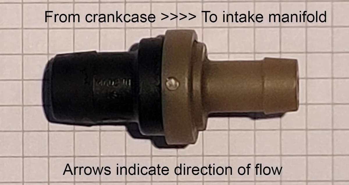 A small separate black and brown PCV valve on graph paper, with flow-direction labels.