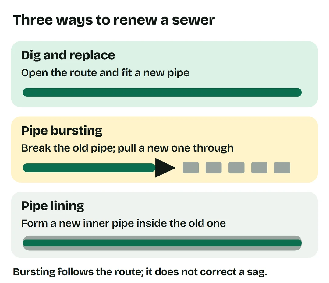 Digging replaces an exposed pipe, bursting pulls a new pipe through, and lining forms an inner pipe.