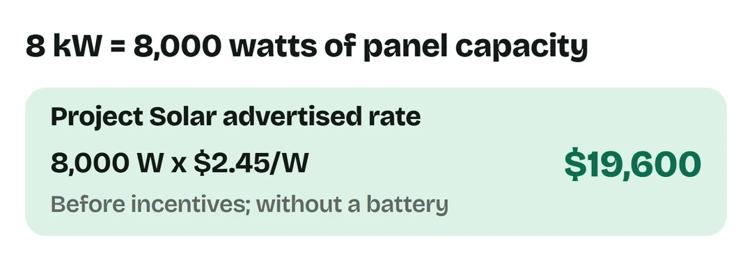 8000 watts times Project Solar advertised 2.45 dollars per watt equals 19600 dollars, before incentives and without a battery.
