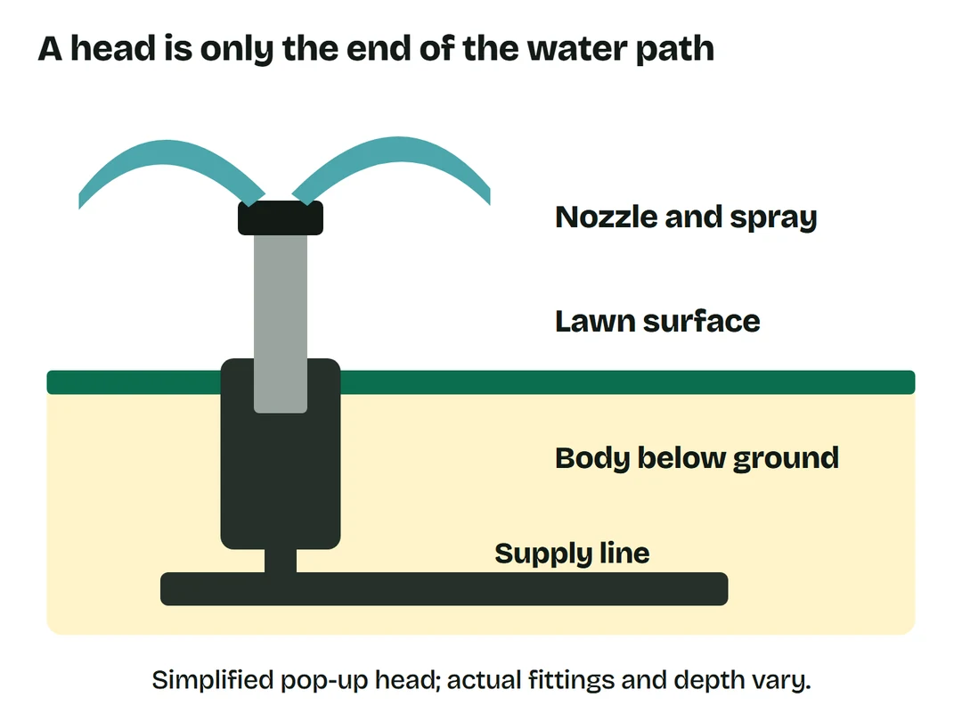 Schematic showing the nozzle, pop-up body, lawn surface and underground supply pipe.