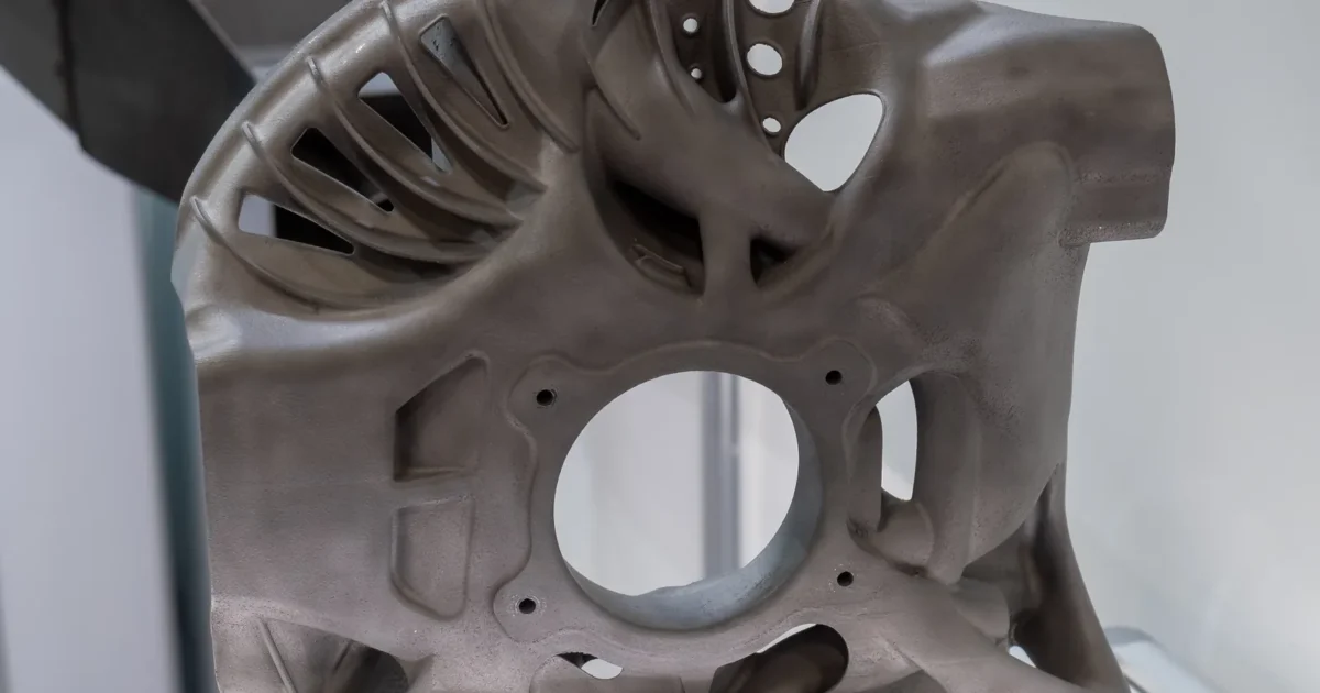 A gray cast steering knuckle with a round hub bore and open lightweight ribs, on display in a glass case