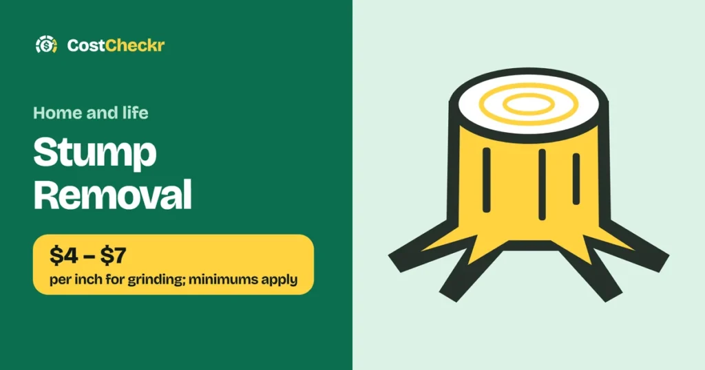 Stump Removal, $4 to $7 per inch for grinding; minimums apply