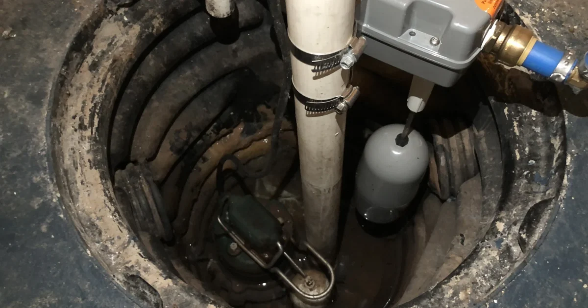 Sump pump and white discharge pipe inside a round basement pit.