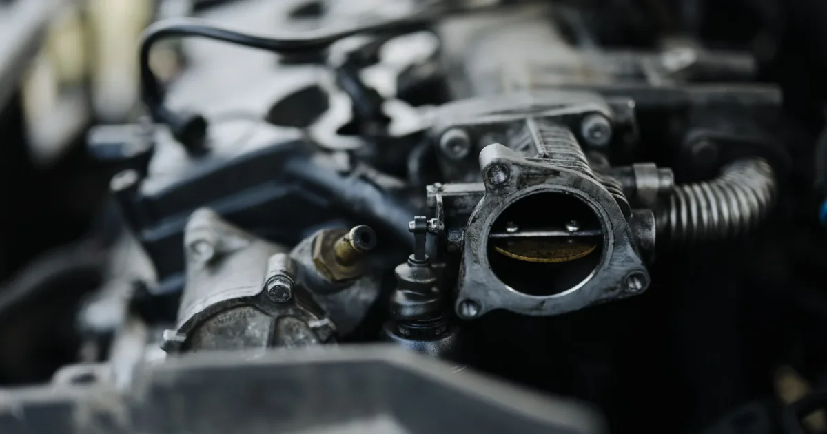 Close up of a round metal throttle body bolted to an engine, with hoses and wiring around it