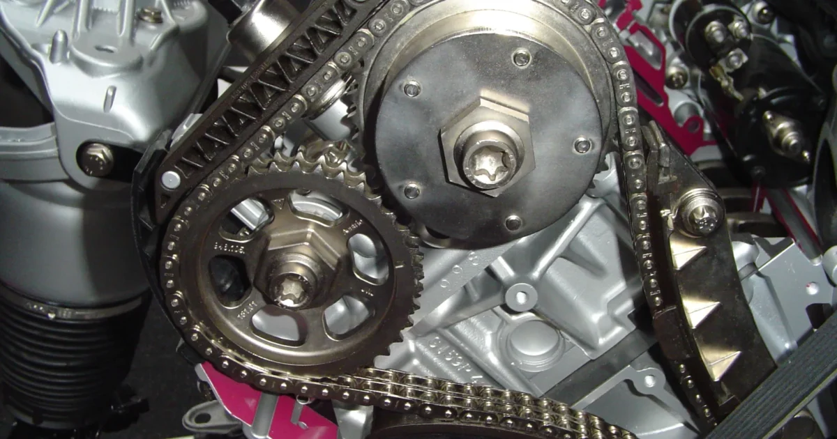 The front of an engine with its timing cover off, showing two chain sprockets and the timing chains