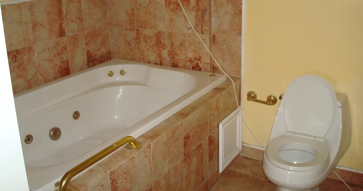 A floor-mounted toilet beside a bathtub in a New Orleans bathroom.