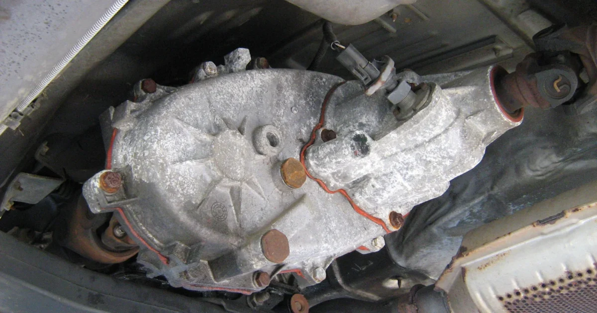 The cast metal transfer case underneath a 1993 Jeep Grand Cherokee, with a drive shaft attached.