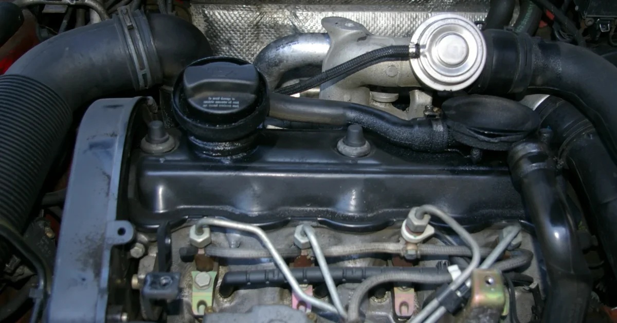 The top of a car engine with a black ribbed valve cover and its round oil filler cap