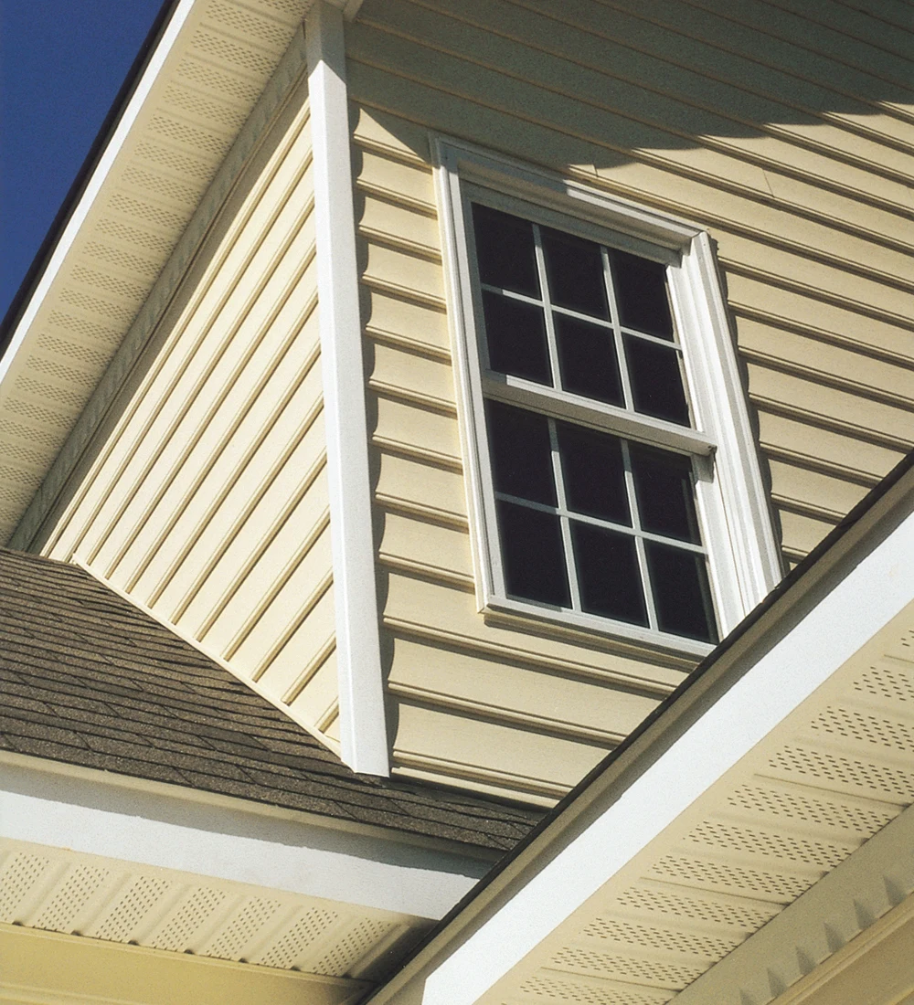Vinyl siding around a window beneath roof overhangs.