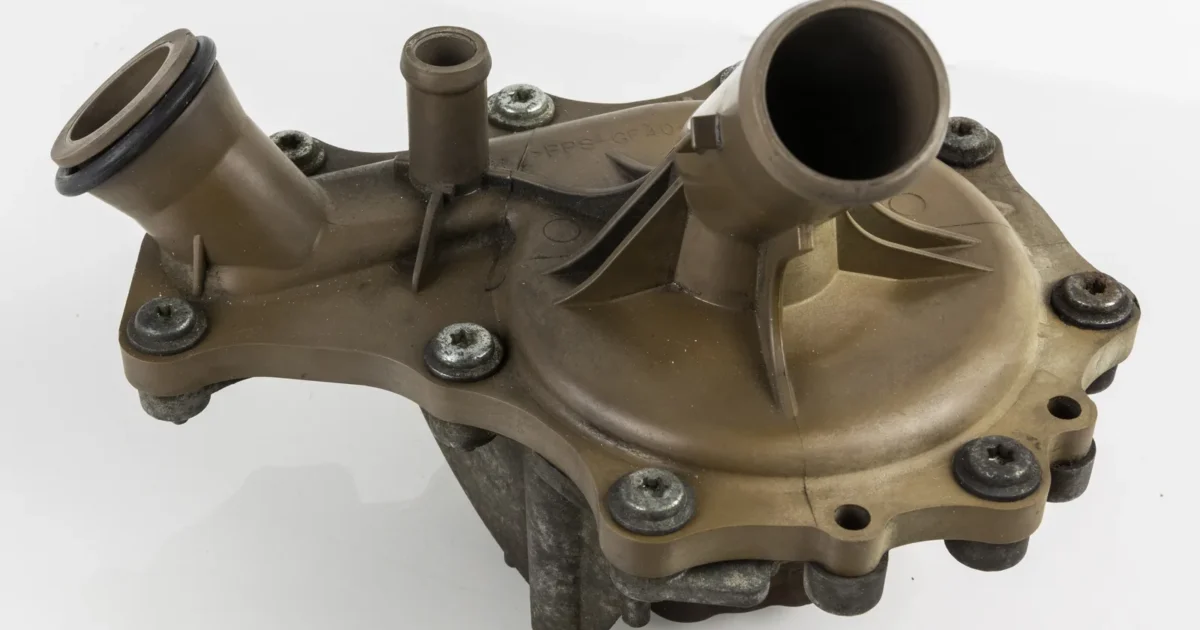A cast metal water pump with hose outlets and bolt holes, on a white background
