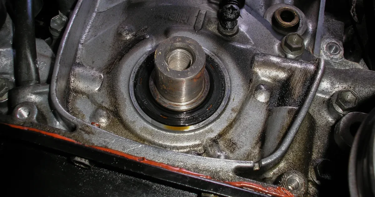 The front of a small car engine with the timing belt off, showing the end of the crankshaft and the black rubber seal around it, with oil grime on the metal